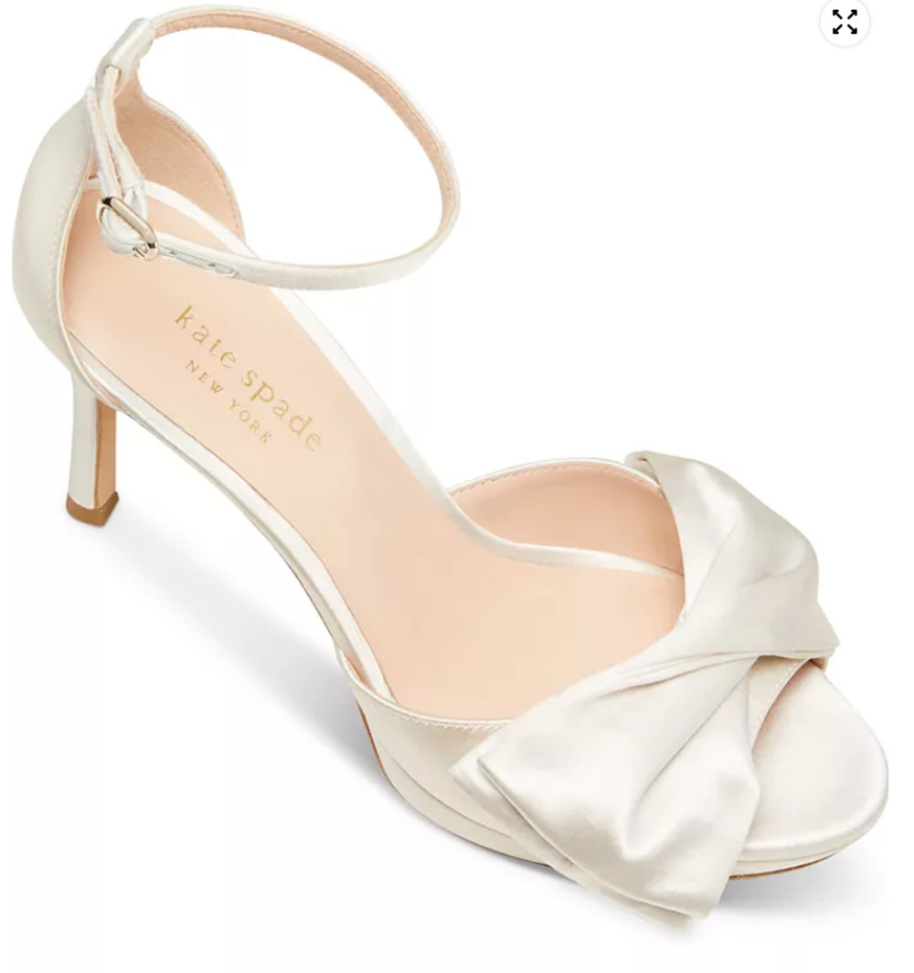 $190 Kate Spade Bridal Bow Shoes Size 9 White Satin Platform Ankle Strap Heels